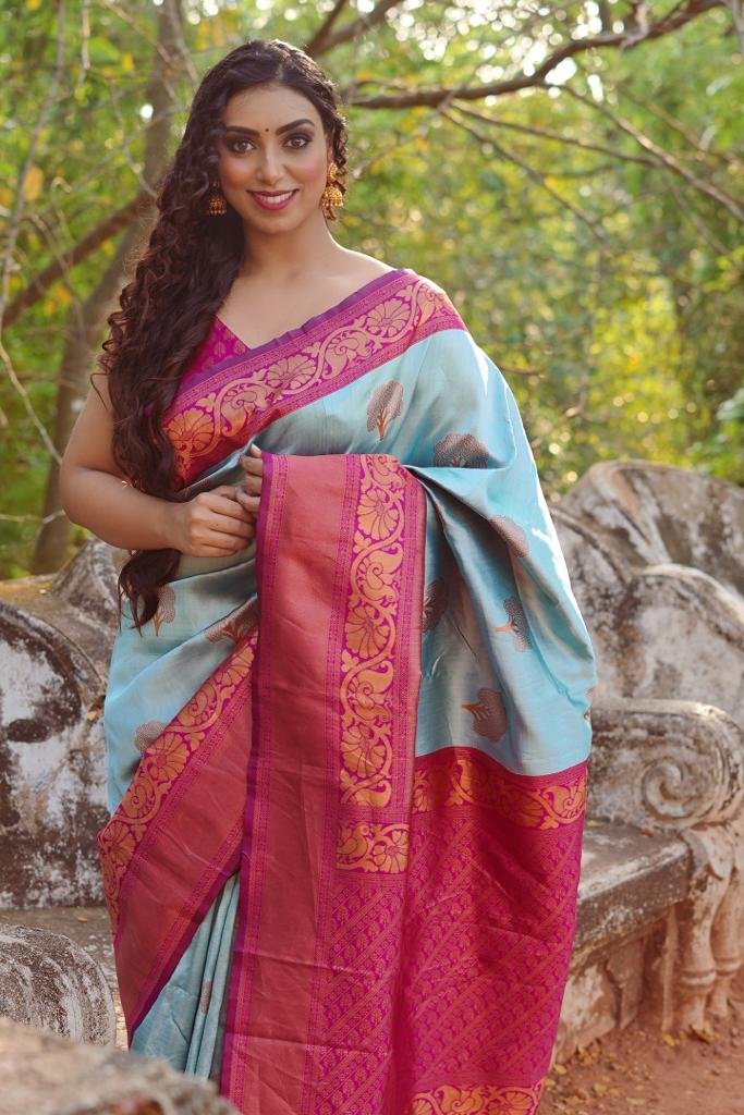 Glamorous Sky Soft Silk Saree With Incredible Blouse Piece