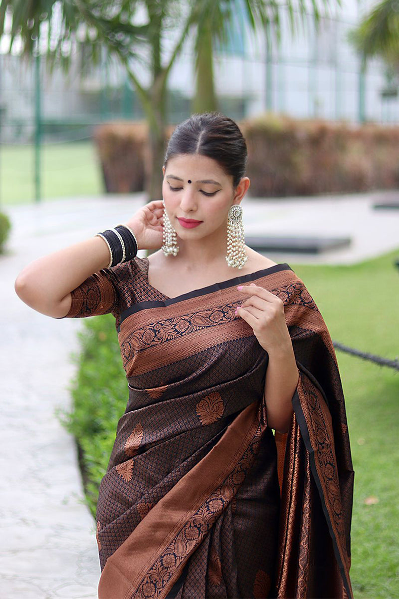 Trendy Black Soft Silk Saree With Engaging Blouse Piece