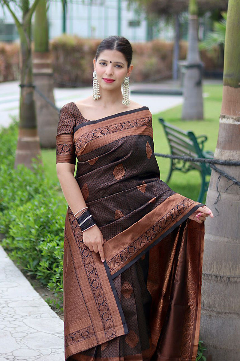 Trendy Black Soft Silk Saree With Engaging Blouse Piece