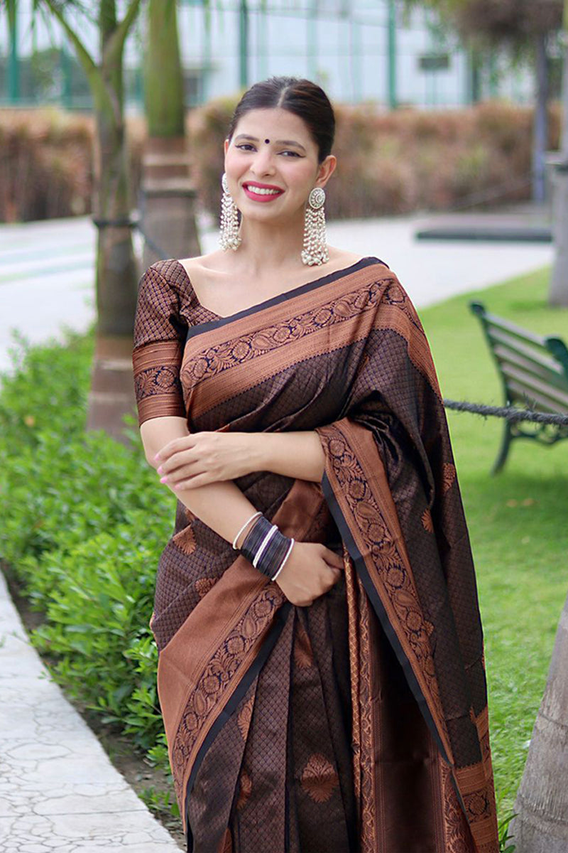 Trendy Black Soft Silk Saree With Engaging Blouse Piece