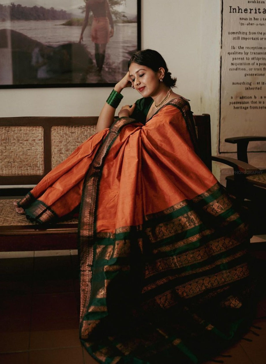 Adorable Orange Soft Silk Saree With Magnetic Blouse Piece