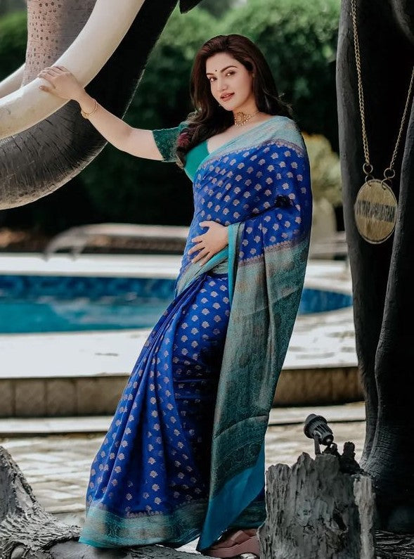 Jazzy Blue Soft Silk Saree With Denouement Blouse Piece