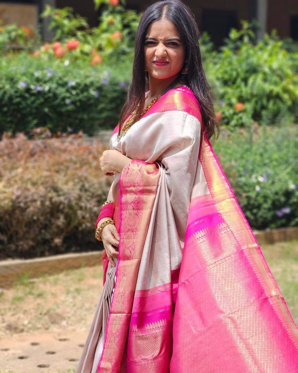 Opulent Beige Soft Silk Saree With Amiable Blouse Piece