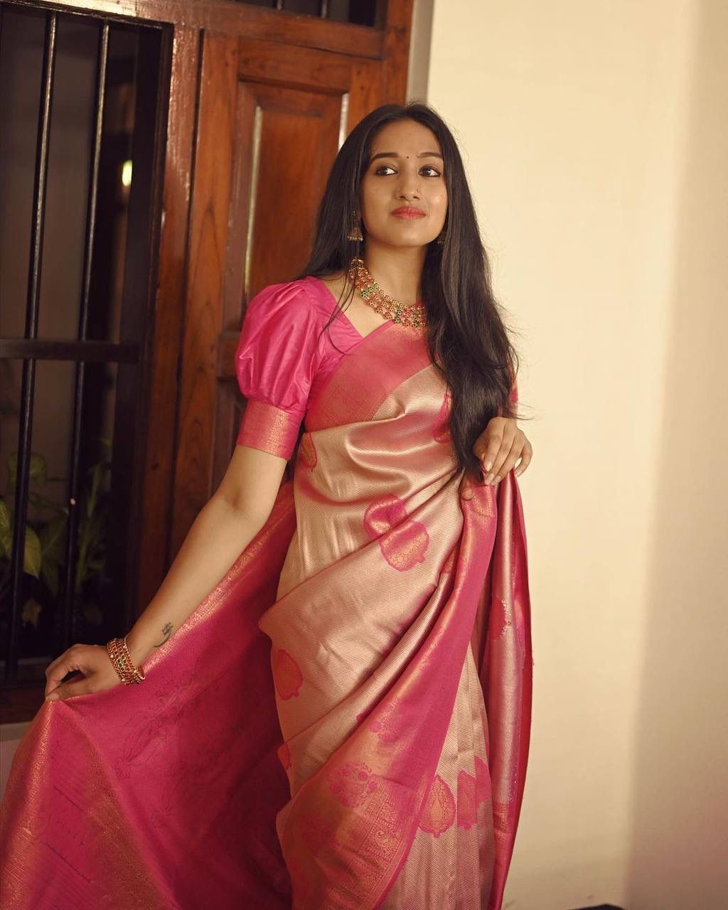 Embellished Peach Soft Silk Saree With Desirable Blouse Piece