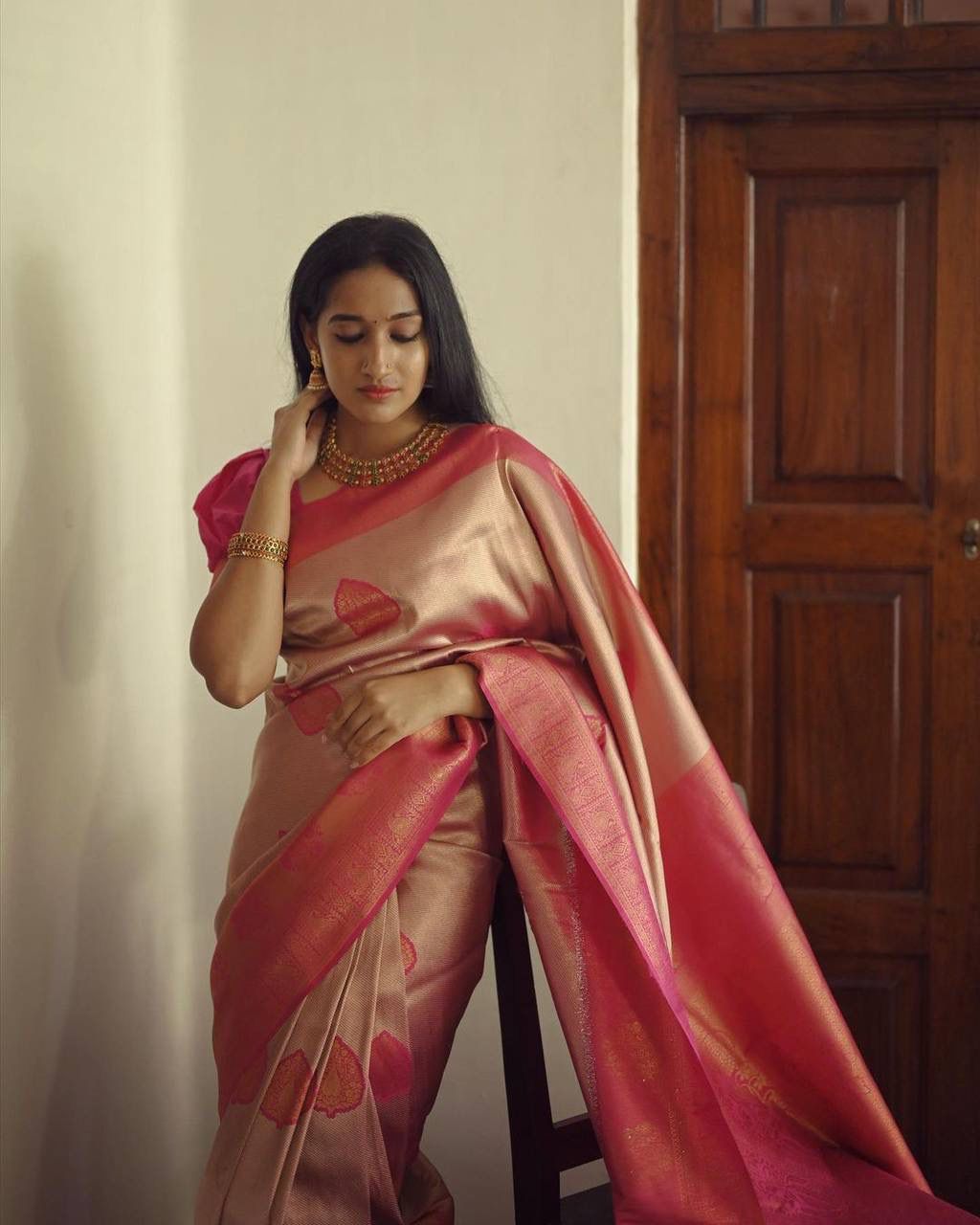 Embellished Peach Soft Silk Saree With Desirable Blouse Piece