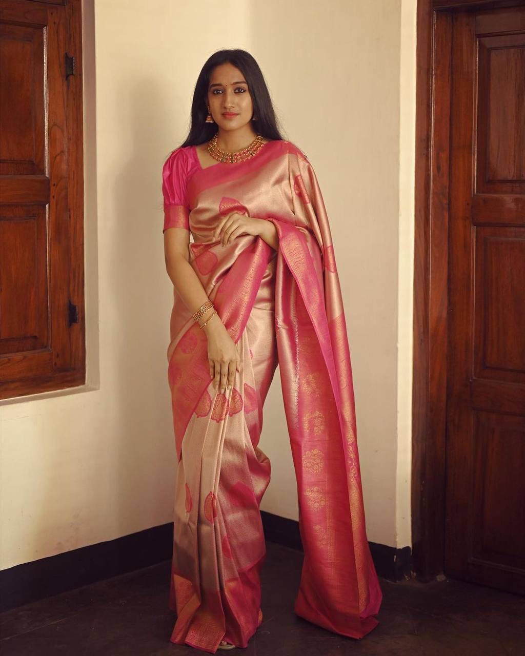 Embellished Peach Soft Silk Saree With Desirable Blouse Piece