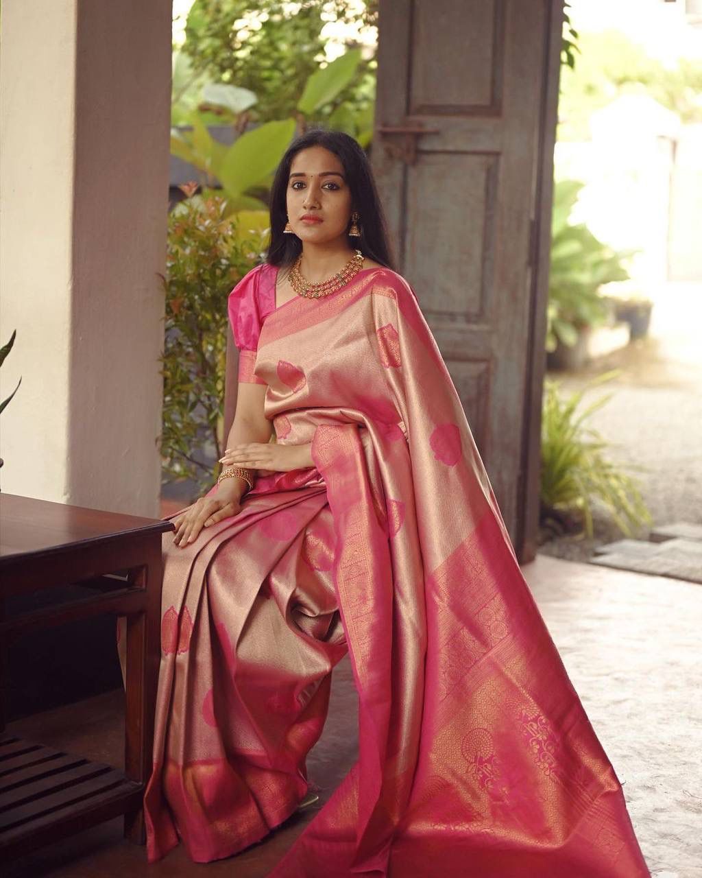 Embellished Peach Soft Silk Saree With Desirable Blouse Piece