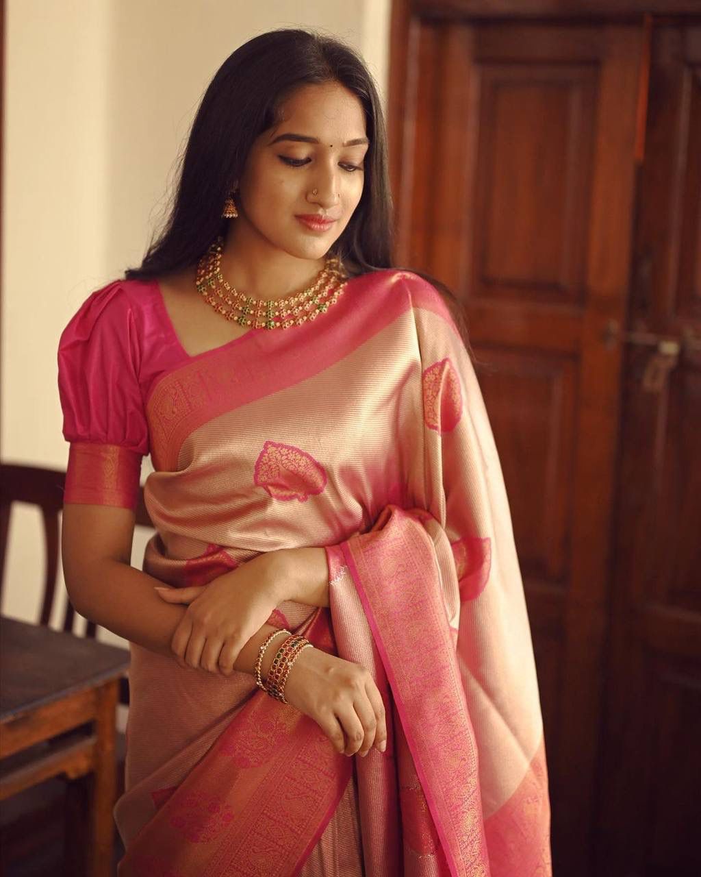 Embellished Peach Soft Silk Saree With Desirable Blouse Piece