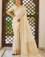 Ravishing Beige Kanjivaram Silk Saree With Staggering Blouse Piece