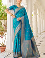 Hypnotic Firozi Kanjivaram Silk Saree With Denouement Blouse Piece