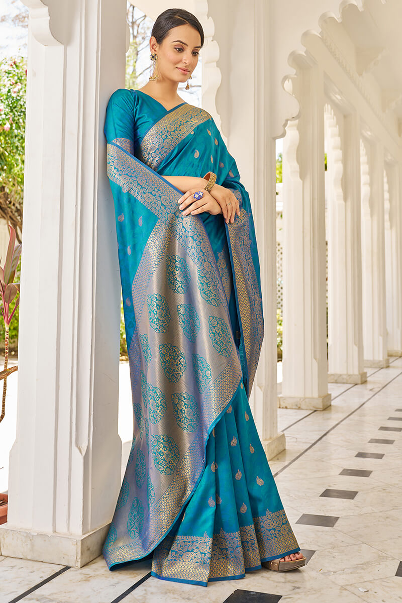 Hypnotic Firozi Kanjivaram Silk Saree With Denouement Blouse Piece