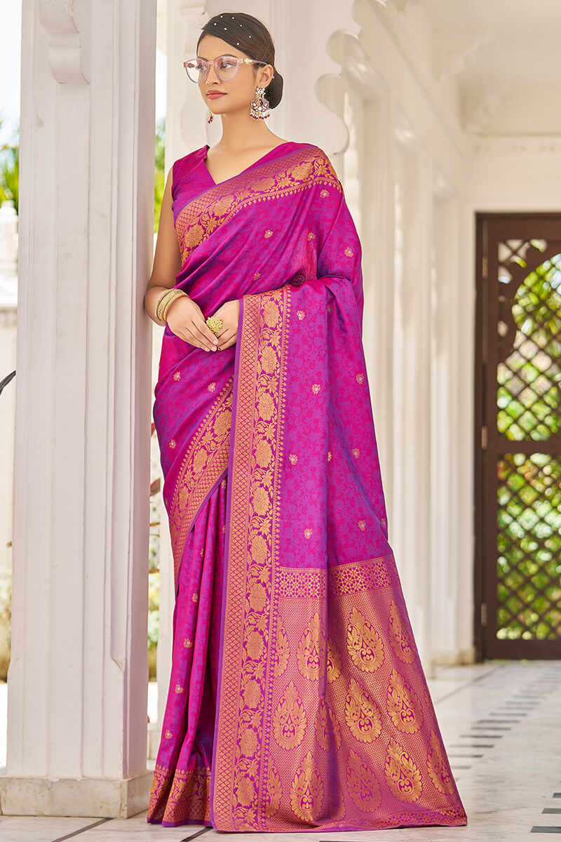 Captivating Purple Kanjivaram Silk Saree With Magnetic Blouse Piece