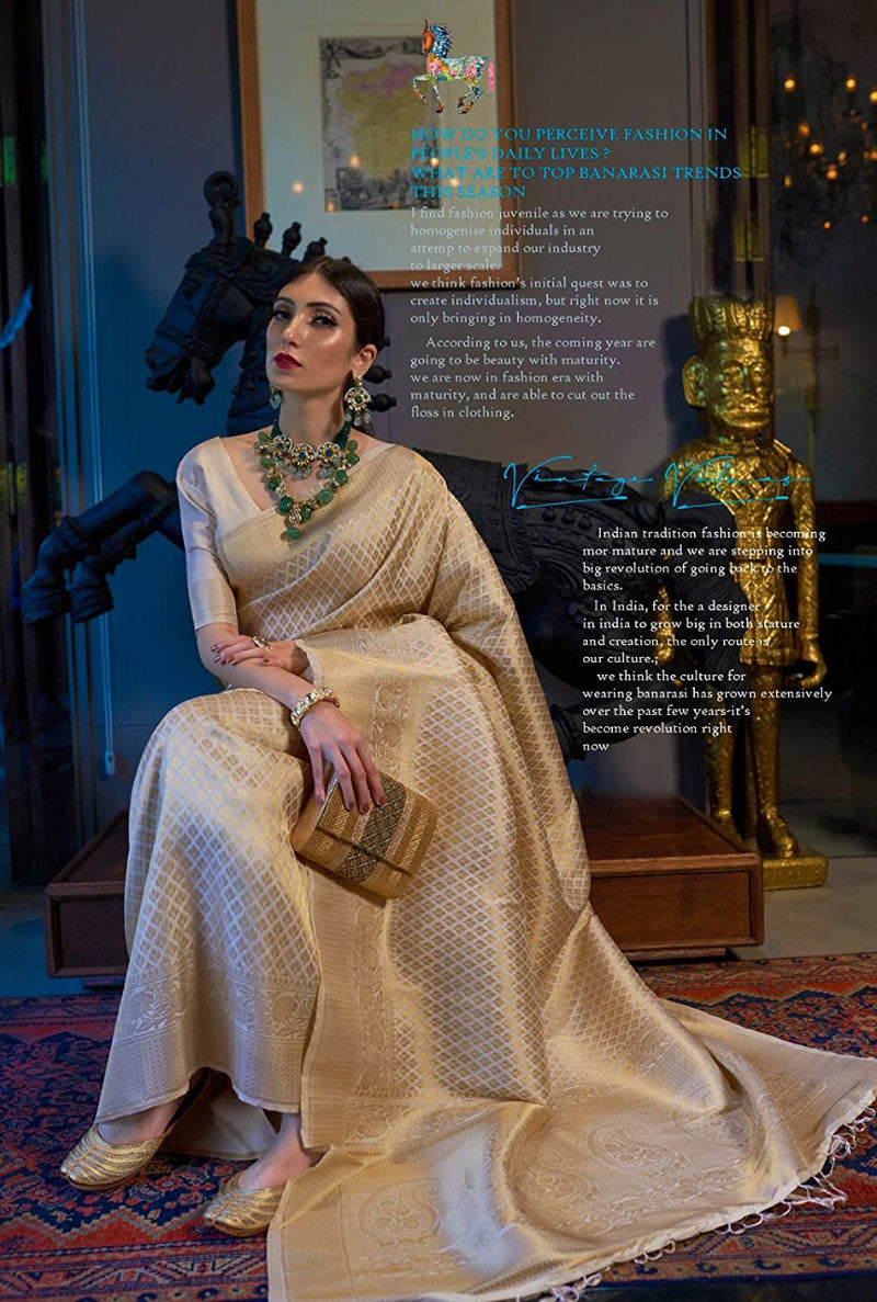 Efflorescence Beige Kanjivaram Silk Saree With Rhapsodic Blouse Piece