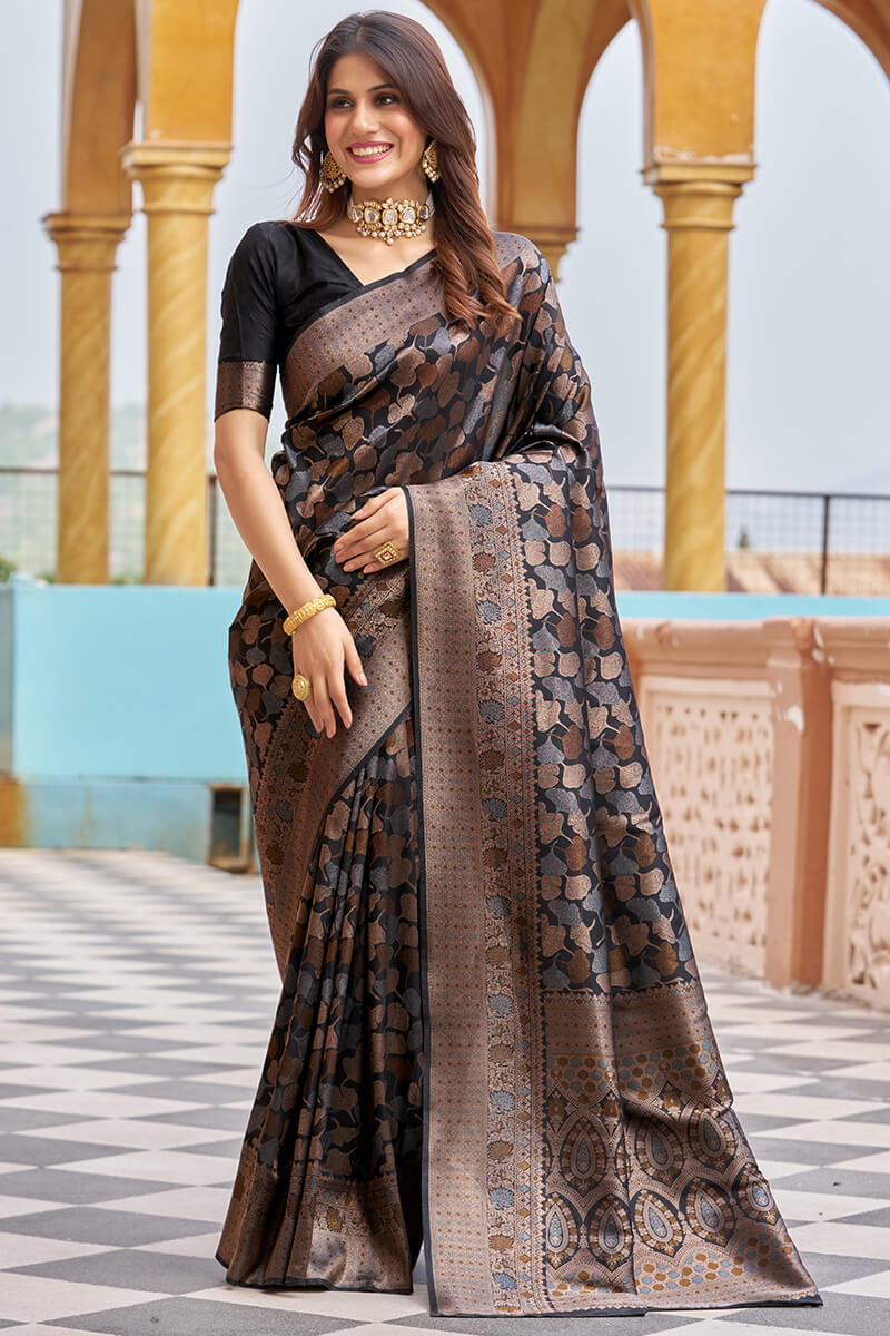 Breathtaking Black Kanjivaram Silk Saree With Woebegone Blouse Piece