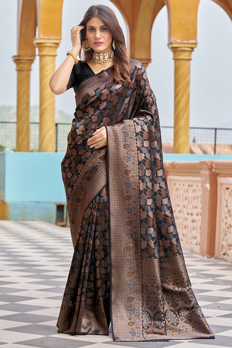 Breathtaking Black Kanjivaram Silk Saree With Woebegone Blouse Piece