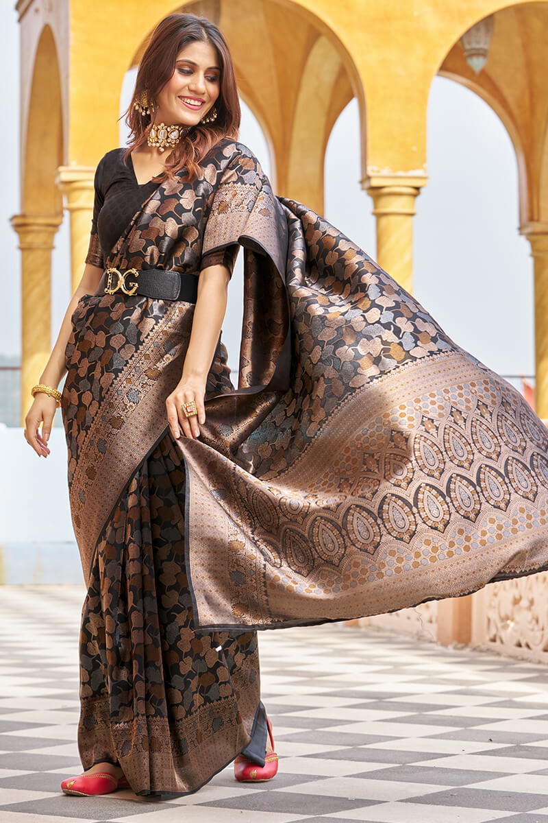 Breathtaking Black Kanjivaram Silk Saree With Woebegone Blouse Piece