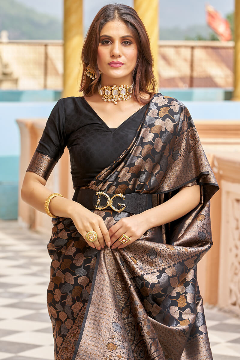 Breathtaking Black Kanjivaram Silk Saree With Woebegone Blouse Piece