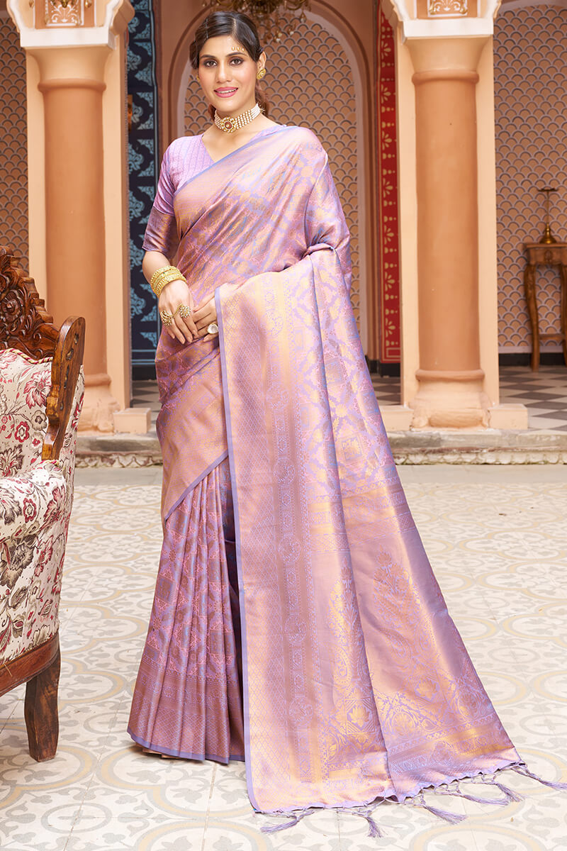 Ethnic Lavender Kanjivaram Silk Saree With Susurrous Blouse Piece