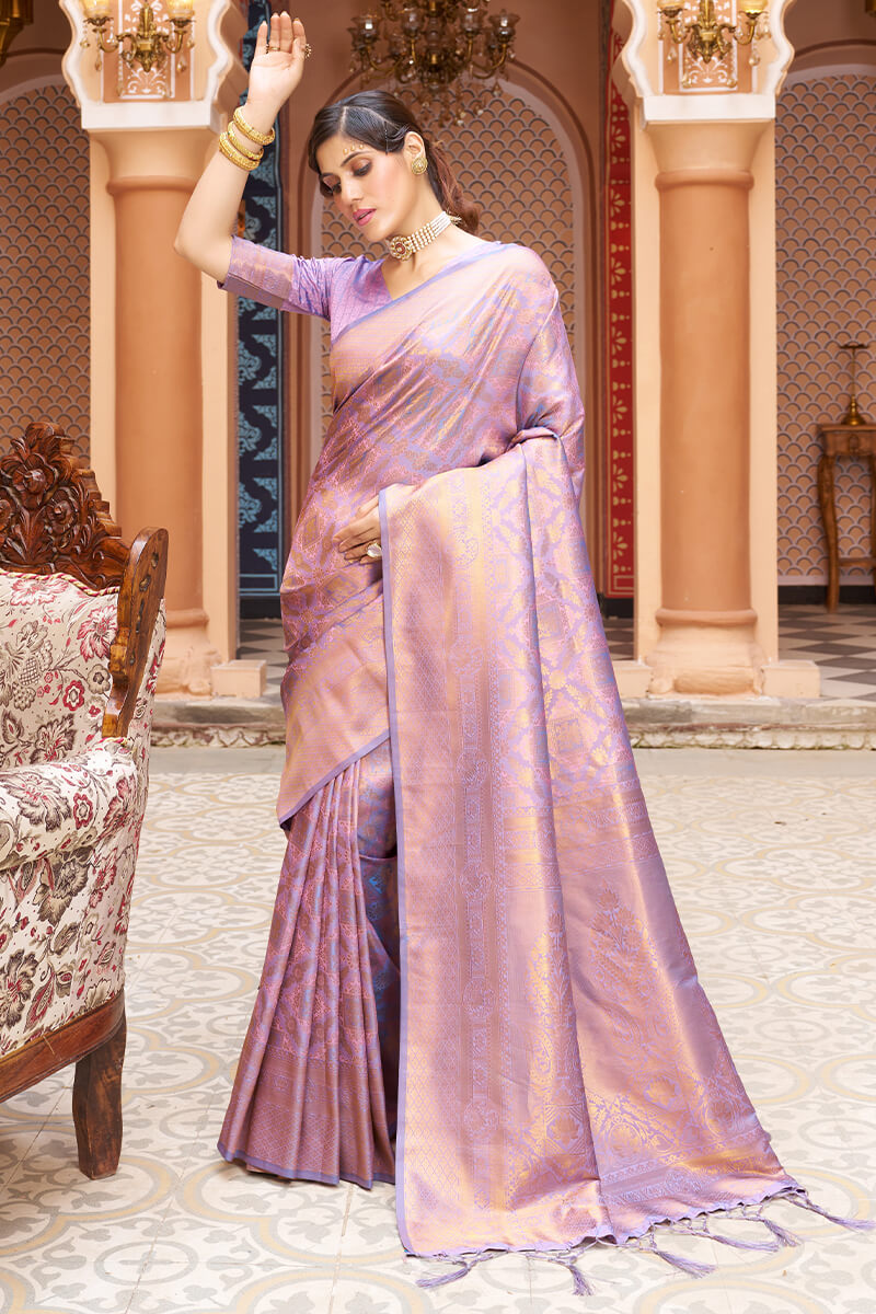 Ethnic Lavender Kanjivaram Silk Saree With Susurrous Blouse Piece