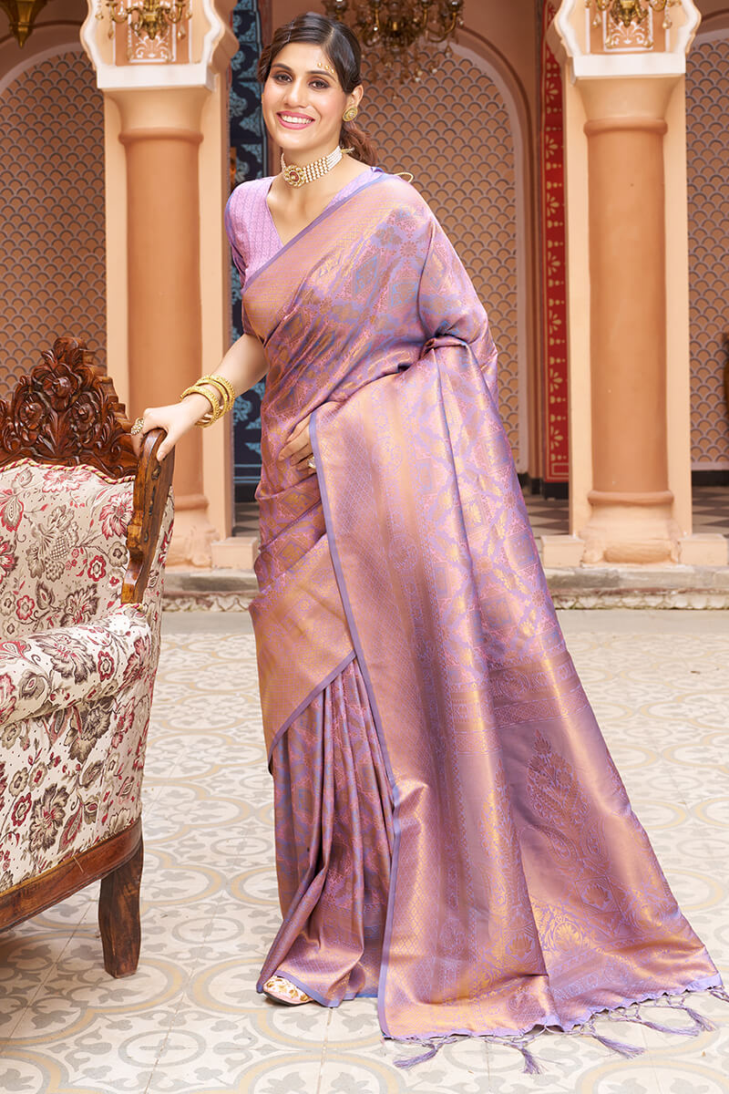 Ethnic Lavender Kanjivaram Silk Saree With Susurrous Blouse Piece