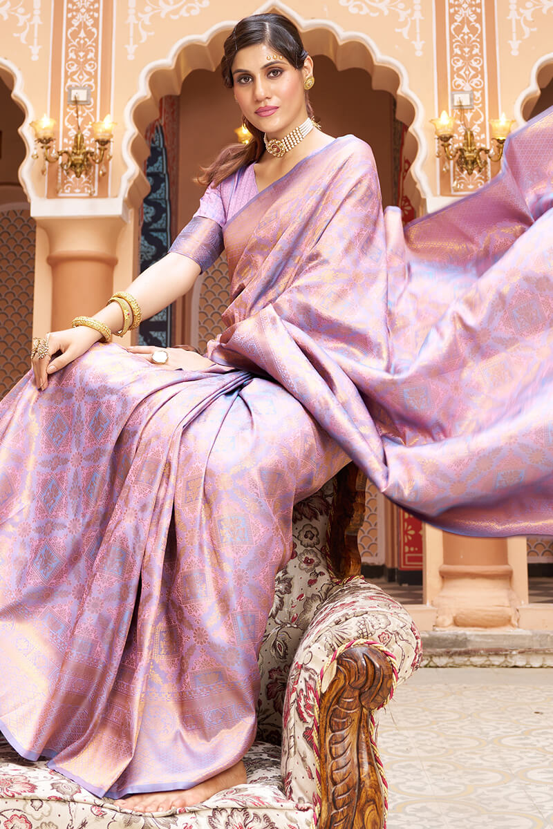 Ethnic Lavender Kanjivaram Silk Saree With Susurrous Blouse Piece