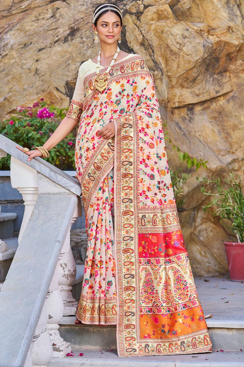 Skinny Beige Pashmina saree With Verdant Blouse Piece