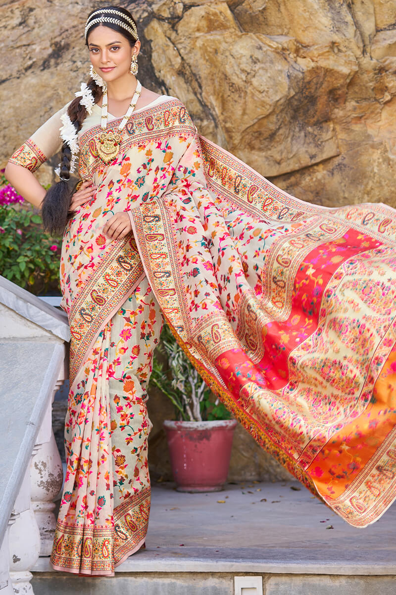 Skinny Beige Pashmina saree With Verdant Blouse Piece