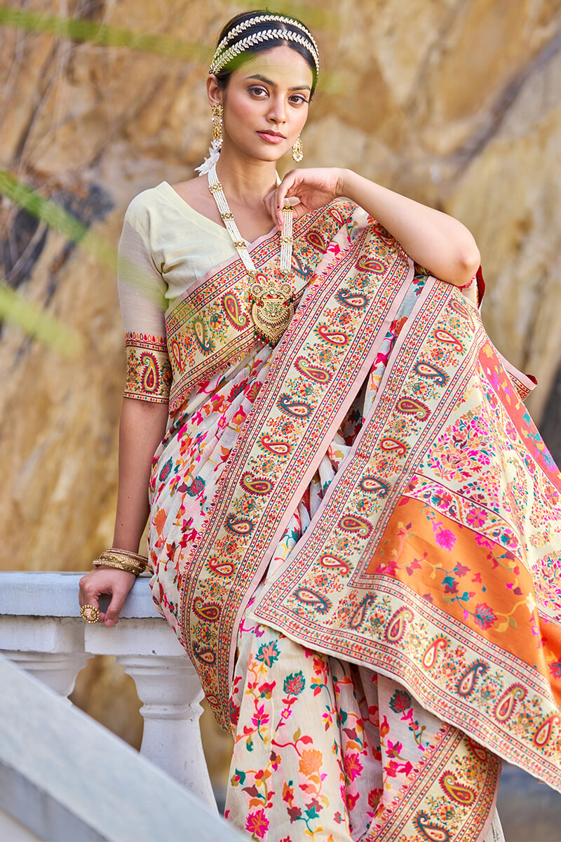 Skinny Beige Pashmina saree With Verdant Blouse Piece