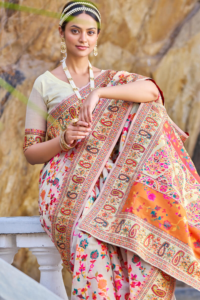 Skinny Beige Pashmina saree With Verdant Blouse Piece