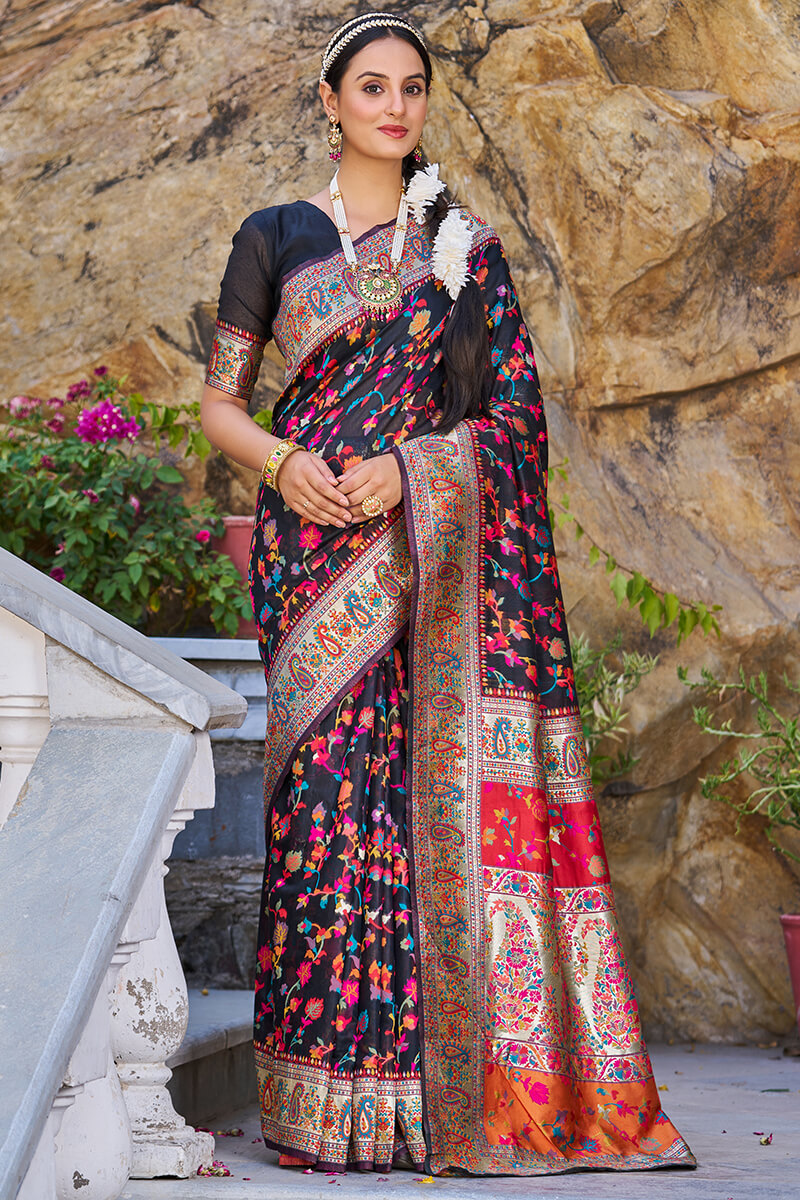 Stylish Black Pashmina saree With Nectarous Blouse Piece