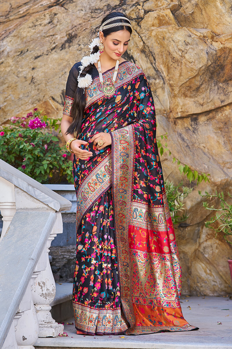 Stylish Black Pashmina saree With Nectarous Blouse Piece