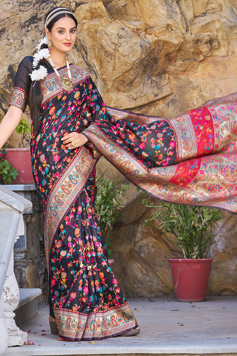 Stylish Black Pashmina saree With Nectarous Blouse Piece