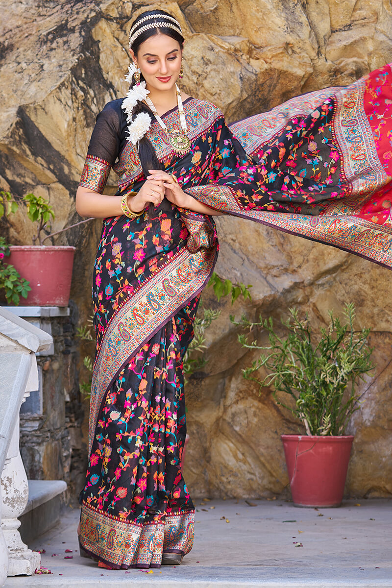 Stylish Black Pashmina saree With Nectarous Blouse Piece