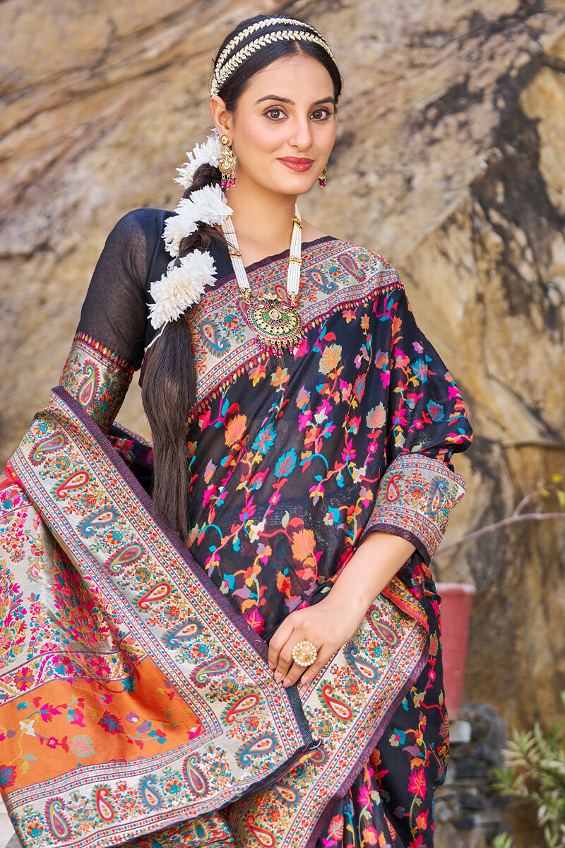 Stylish Black Pashmina saree With Nectarous Blouse Piece