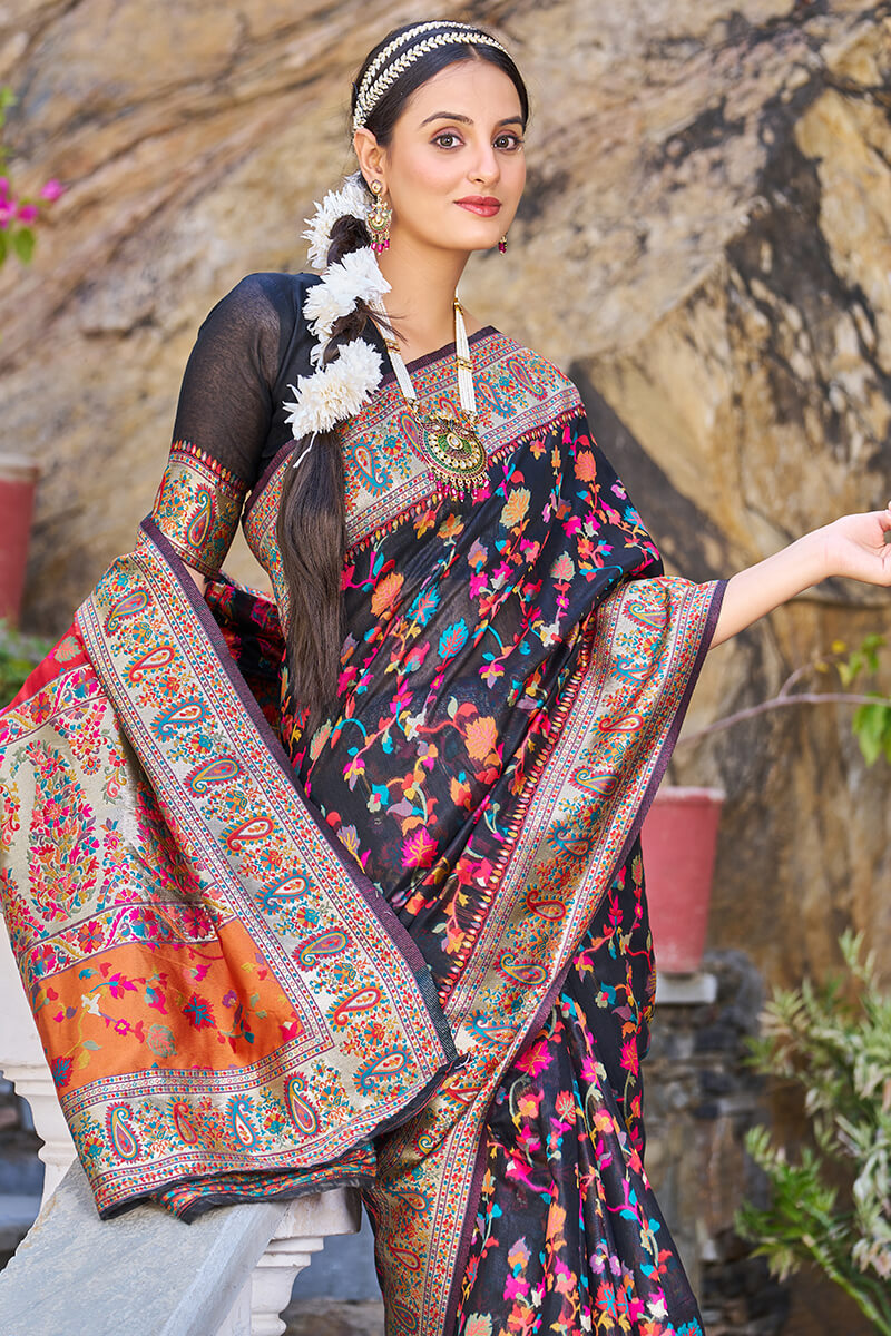 Stylish Black Pashmina saree With Nectarous Blouse Piece