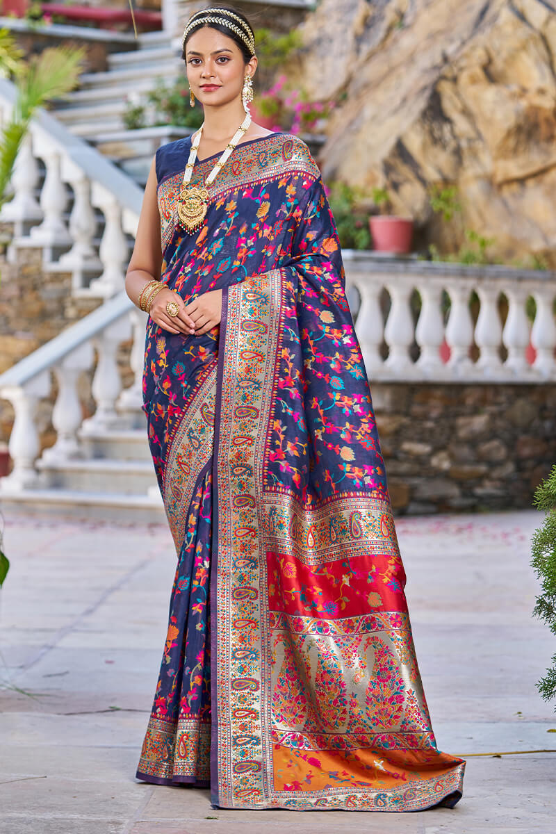 Appealing Navy Blue Pashmina saree With Sumptuous Blouse Piece