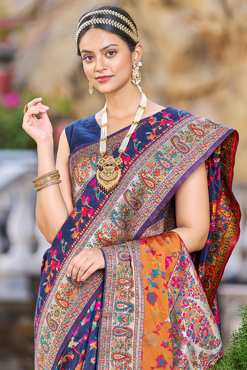 Appealing Navy Blue Pashmina saree With Sumptuous Blouse Piece