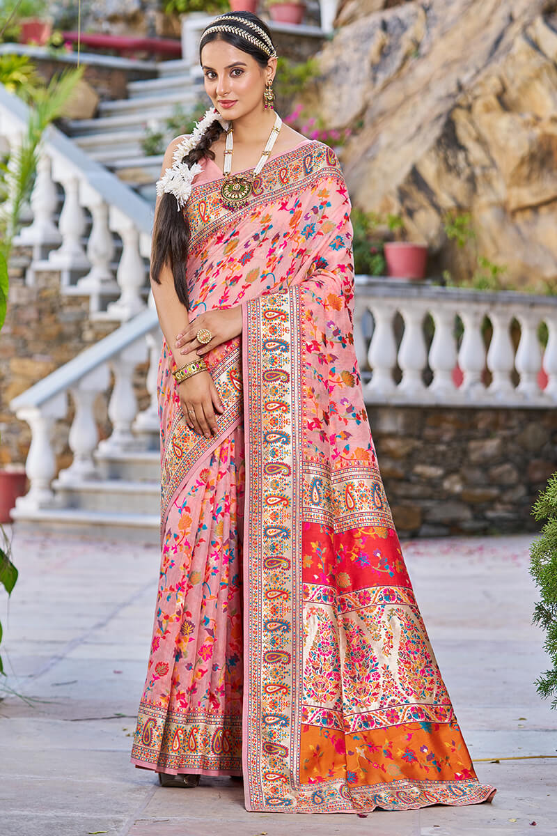 Wonderful Pink Pashmina saree With Verdant Blouse Piece