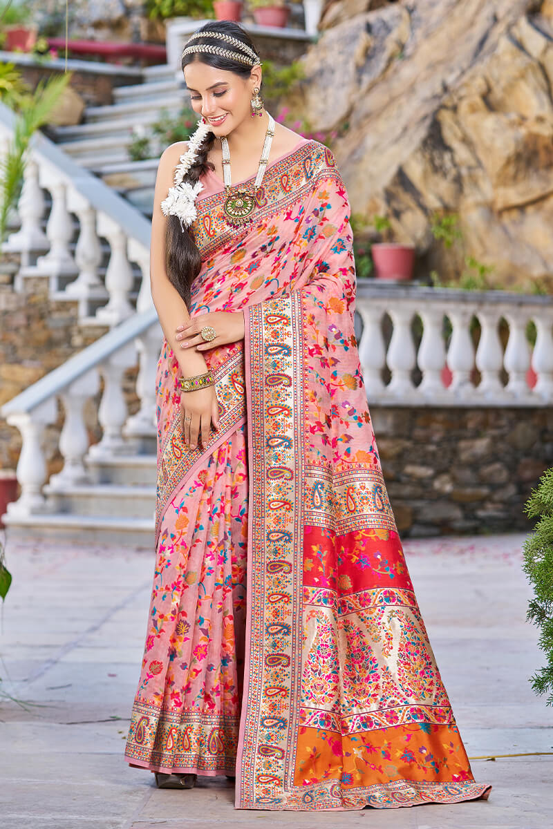 Wonderful Pink Pashmina saree With Verdant Blouse Piece