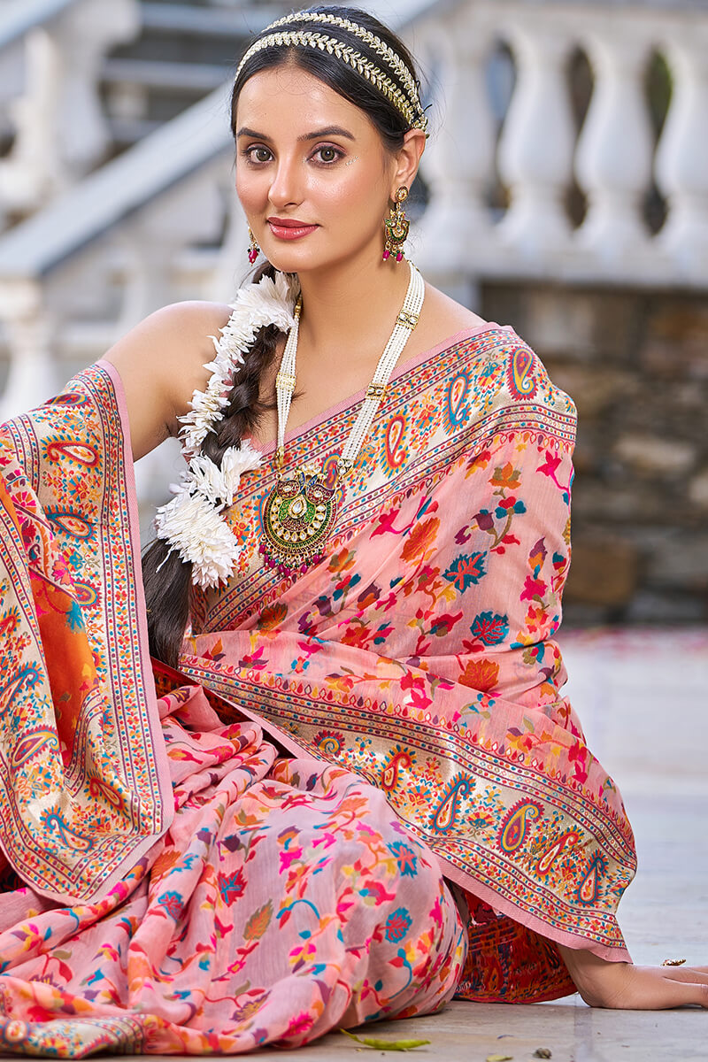 Wonderful Pink Pashmina saree With Verdant Blouse Piece