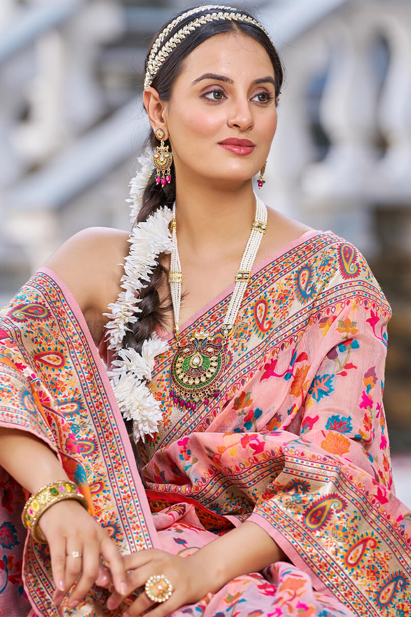 Wonderful Pink Pashmina saree With Verdant Blouse Piece