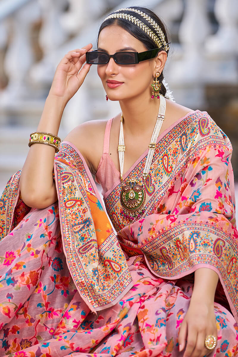 Wonderful Pink Pashmina saree With Verdant Blouse Piece