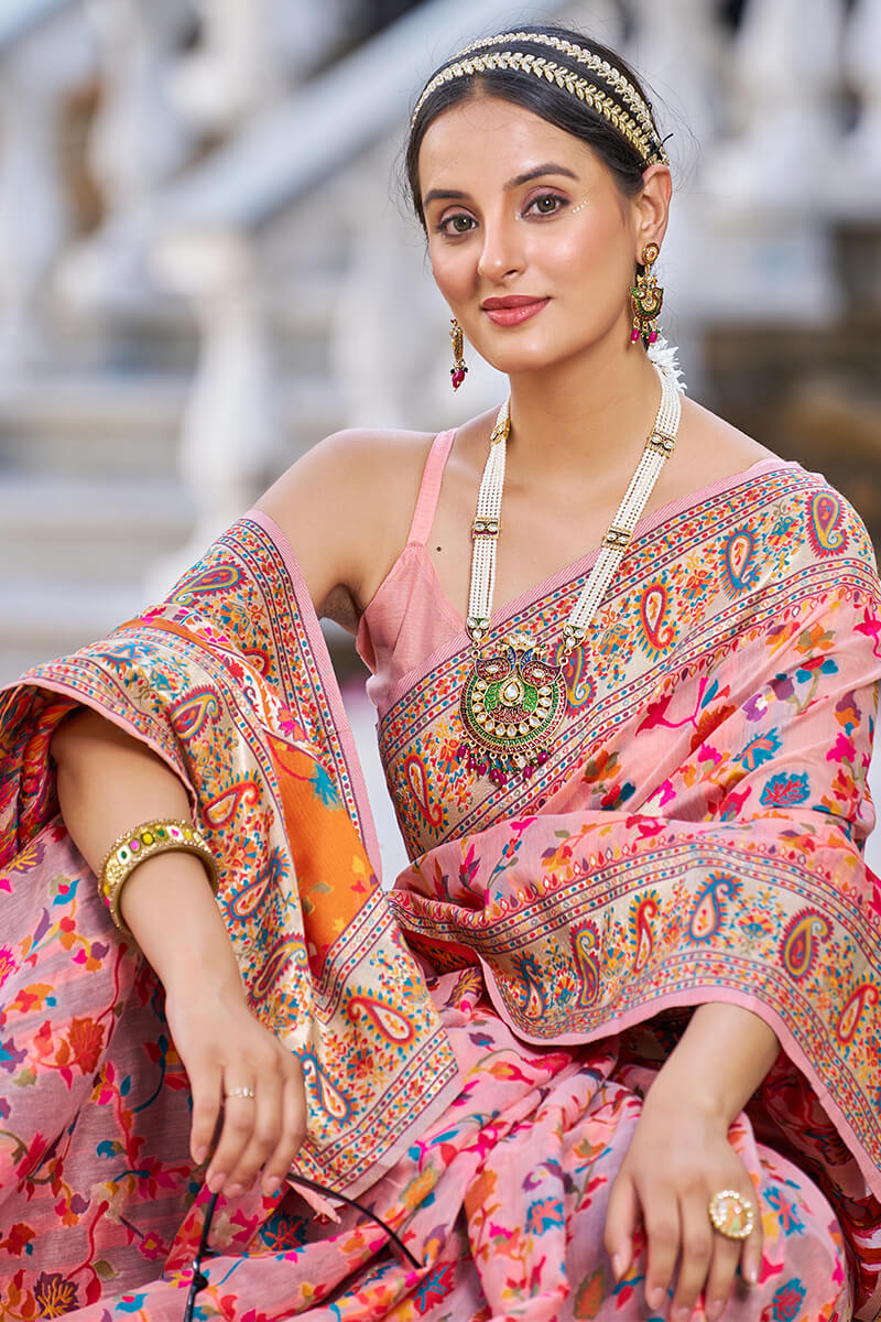 Wonderful Pink Pashmina saree With Verdant Blouse Piece