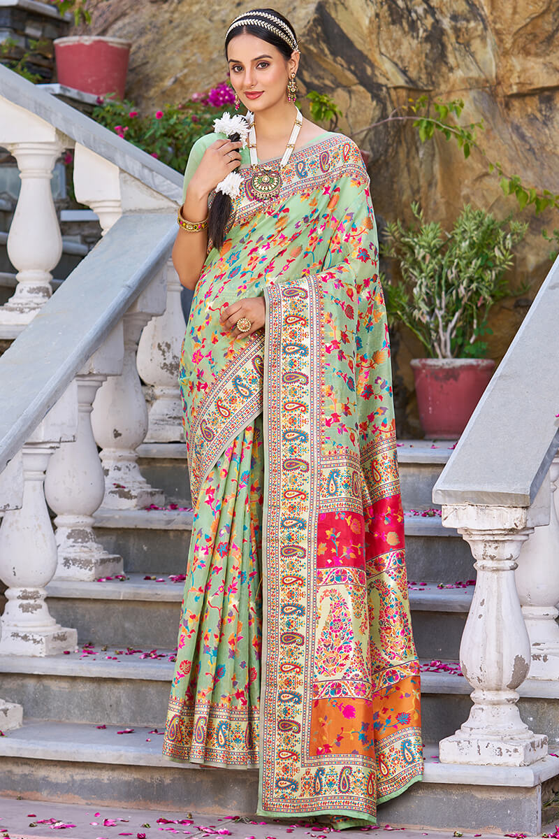 Alluring Pista Pashmina saree With Scrupulous Blouse Piece