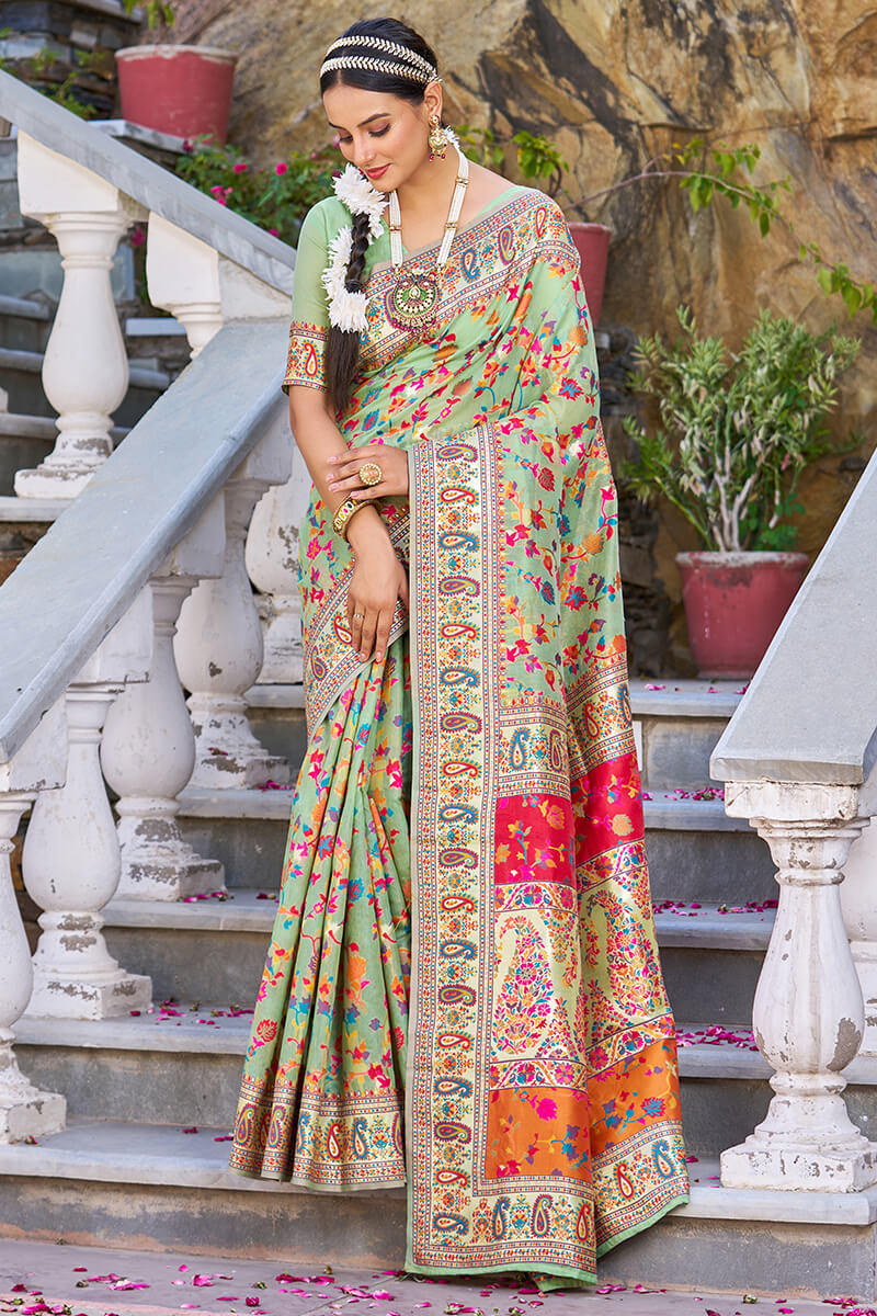 Alluring Pista Pashmina saree With Scrupulous Blouse Piece