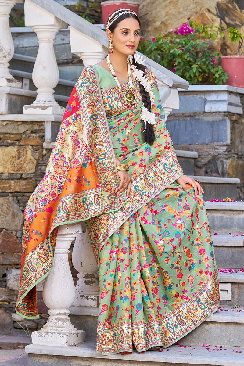 Alluring Pista Pashmina saree With Scrupulous Blouse Piece