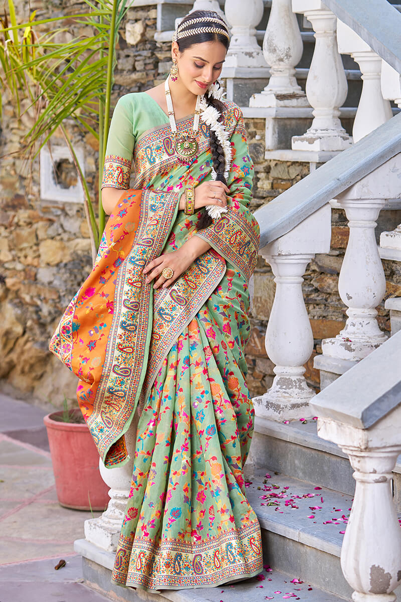 Alluring Pista Pashmina saree With Scrupulous Blouse Piece