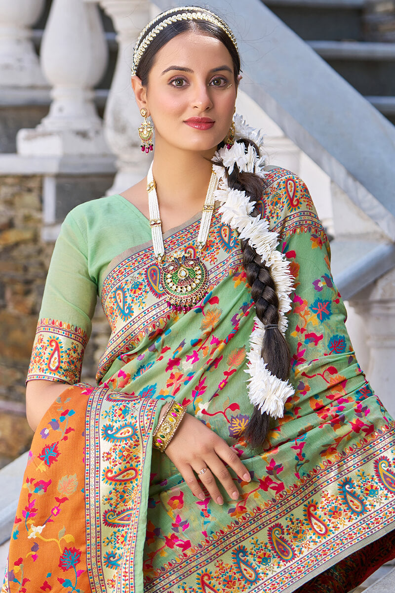 Alluring Pista Pashmina saree With Scrupulous Blouse Piece