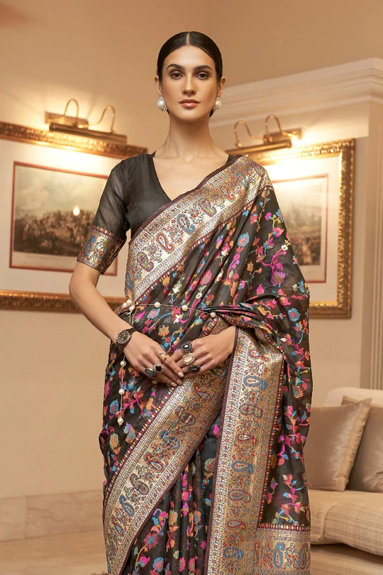 Capricious Black Pashmina saree With Sonorous Blouse Piece