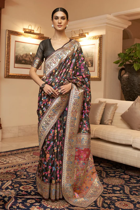 Capricious Black Pashmina saree With Sonorous Blouse Piece